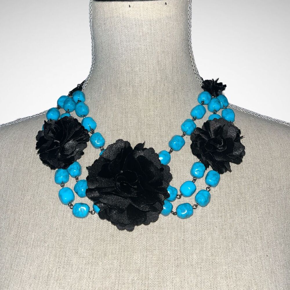 Joan Rivers Statement Bib Necklace with Faux Turquoise Beads and Silky Black Flo